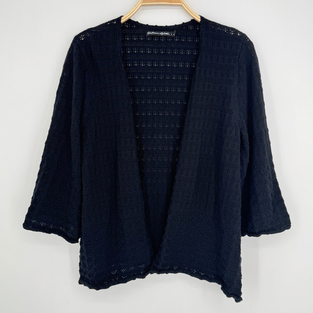Gudrun Sjoden Pointelle Knit Open Front Cardigan Large Black Boho Lagenlook